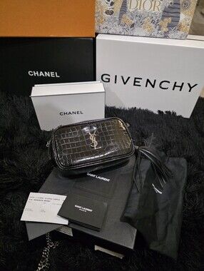 Auth. Saint Laurent Black Patent Croc-Embossed Mini Lou Camera Bag with Tassel
